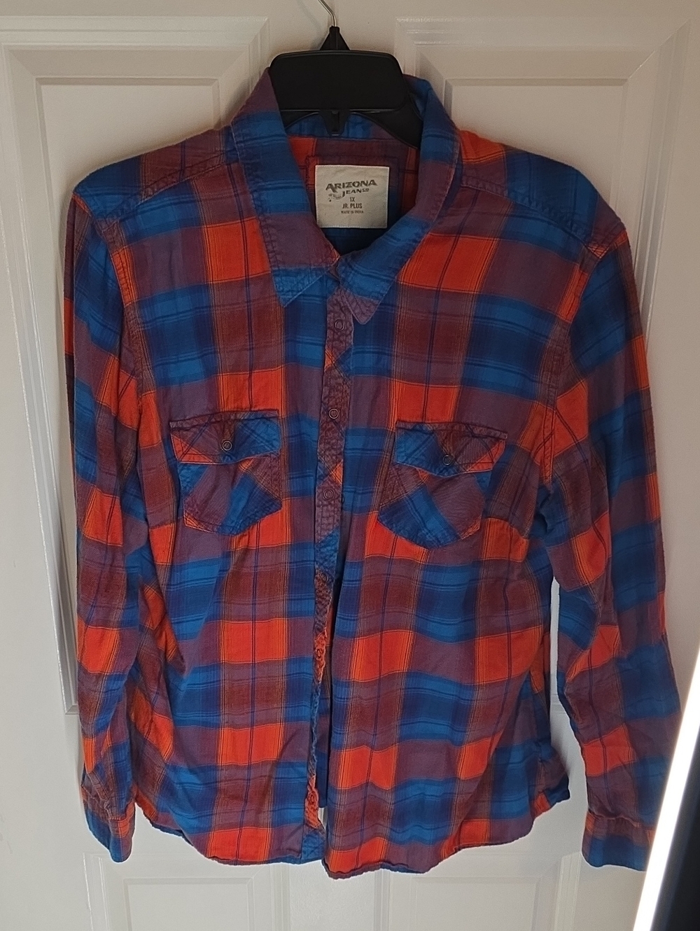 Arizona Jean Company Orange and Blue Plaid Button-Down Shirt